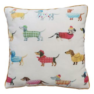 An Image of Dog Print Cushion - 45x45cm - Ochre