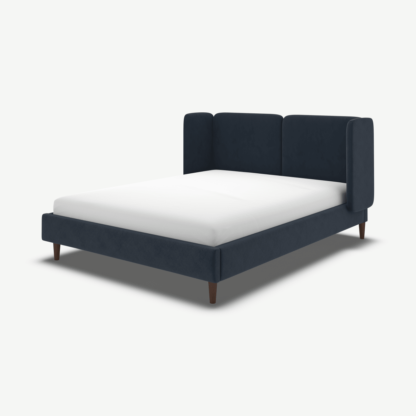 An Image of Ricola Double Bed, Dusk Blue Velvet with Walnut Stain Oak Legs