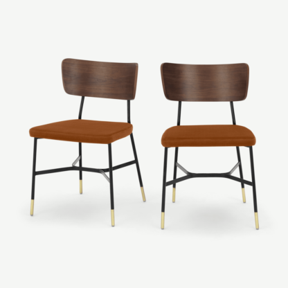 An Image of Amalyn Set of 2 Dining Chairs, Rust Velvet & Walnut