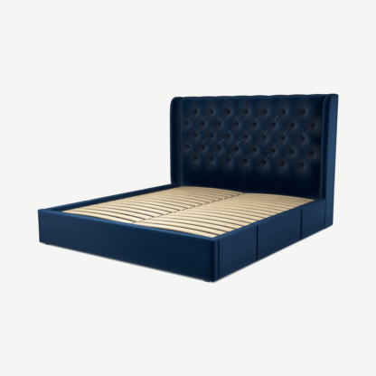 An Image of Romare Super King Size Bed with Storage Drawers, Regal Blue Velvet