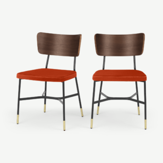 An Image of Set of 2 Amalyn Dining Chairs, Walnut and Flame Orange Velvet
