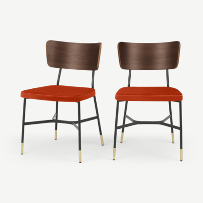f41beb3299c93a24736e39f4df61b417108b5e459c093d63193d9976df4cc91a.png An Image of Set of 2 Amalyn Dining Chairs, Walnut and Flame Orange Velvet