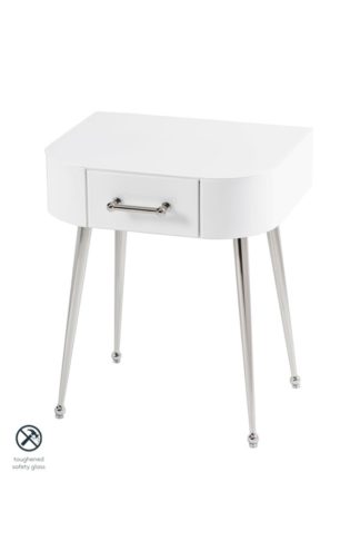 An Image of Mason White Glass Side Table – Shiny Silver Legs