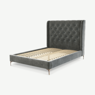 An Image of Romare Double Bed, Steel Grey Velvet with Copper Legs