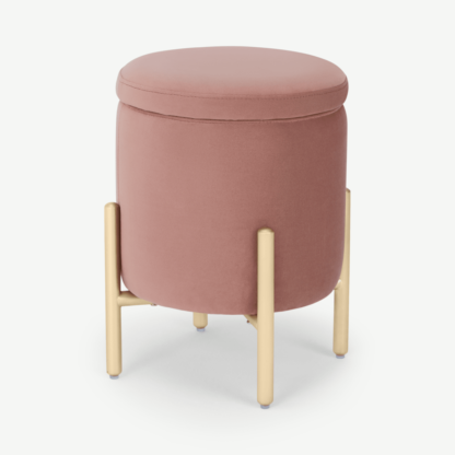 An Image of Asare Round Storage Stool, Blush Pink Velvet