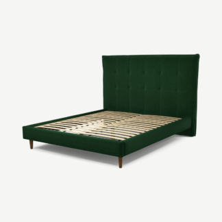 An Image of Lamas King Size Bed, Bottle Green Velvet with Walnut Stain Oak Legs