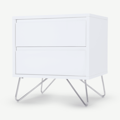 fd0e5f73f743f822159c40b590774f7fa72034a43501df333925dadf67ffe282.png An Image of Elona Bedside Table, White Gloss & Chrome
