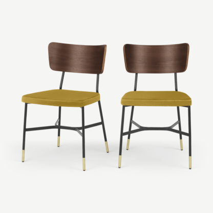An Image of Set of 2 Amalyn Dining Chairs, Walnut and Vintage Gold Velvet