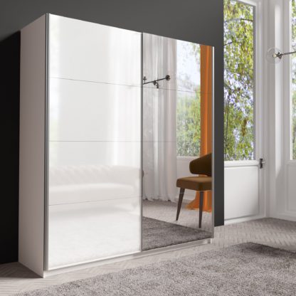 378504dfc5517fa05f4efc4e43422cbac16008094d3fd80a49997223d34f9f4b.jpg An Image of Lincoln 180cm Sliding Gloss Mirrored Wardrobe White