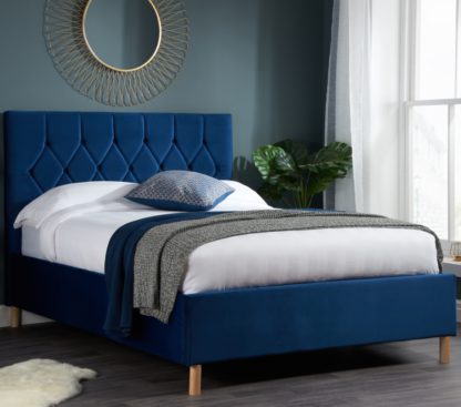 6f2e87a94b501479d555ddda09c724170066586a21dd05337f11a8bab8b6baa1.jpg An Image of Loxley Blue Velvet Bed Frame - 4ft Small Double