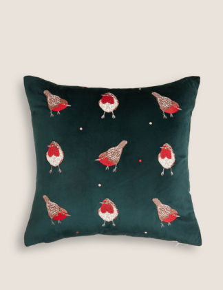 An Image of M&S Velvet Robin Embroidered Cushion