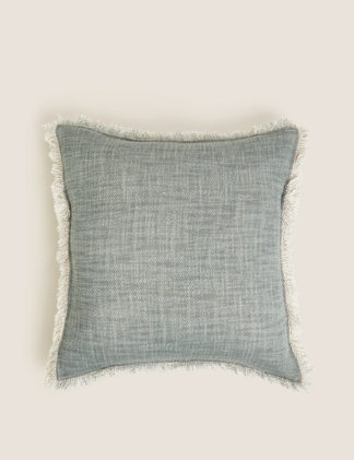 An Image of M&S Pure Cotton Denim Fringed Cushion, Denim