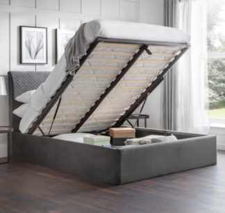 An Image of Sanderson Grey Velvet Ottoman Storage Bed Frame - 5ft King Size