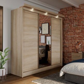 An Image of Forde Oak Sliding Wardrobe With Mirror And Lights Light Oak