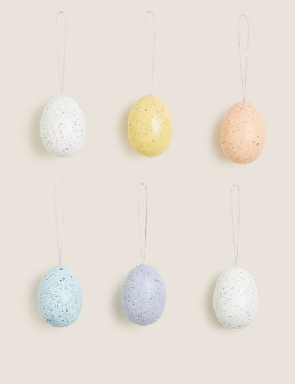 a71ac3e0ff1043dca1bd98b7b3c31d9fe791983212db518747d611bac7385ec0.jpg An Image of M&S 6 Pack Hanging Speckled Egg Decorations