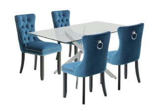 An Image of Argos Home Blake Glass Dining Table & 4 Navy Chairs