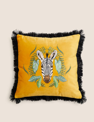 An Image of M&S Velvet Zebra Embroidered Fringe Cushion