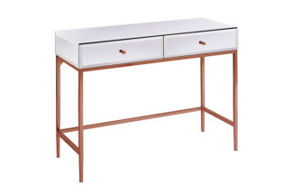 An Image of Stiletto Toughened White Glass and Rose Gold Console Table