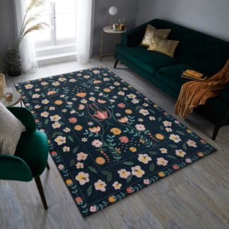 An Image of Match Nordic Floral Washable Rug Navy