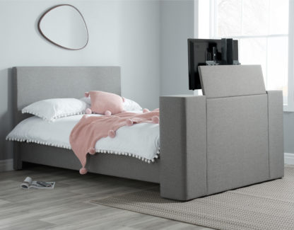 e28680a8ac8606977d4538bac5cb71fe4e349739ad913326eb30f9b1a62f1ac0.jpg An Image of Plaza Grey Fabric Electric Media TV Bed Frame - 4ft6 Double