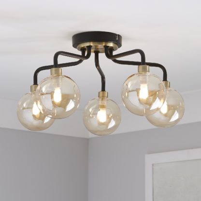 An Image of Shoreditch Five Light Semi Flush Ceiling Light - Champagne & Brass