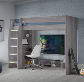 An Image of Nebula Grey Oak Wooden Gaming High Sleeper Bed Frame - 3ft Single