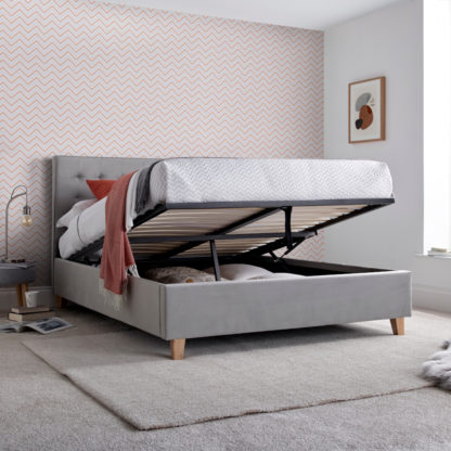 a37eb43ad61fb938078d16e8469f4a4186de36c2a494830e3541d61715edb00b-2.jpg An Image of Kingham Grey Velvet Fabric Ottoman Storage Bed Frame - 5ft King Size