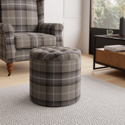 An Image of Oswald Check Round Buttoned Storage Footstool Natural Oswald Wingback