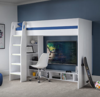 An Image of Nebula White Wooden Gaming High Sleeper Bed Frame - 3ft Single