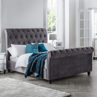 An Image of Valentino Grey Velvet Fabric Sleigh Bed Frame - 6ft Super King Size