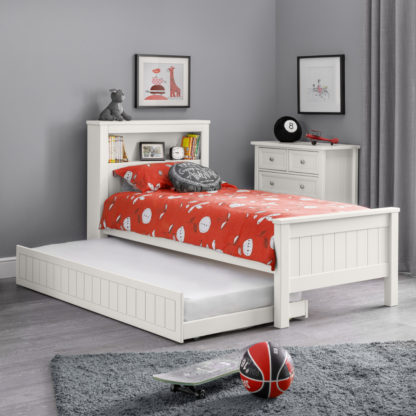a6572def9db8069e407ed744441c0dc9b77a2b38bf35d8850ae6841e43d8585b.jpg An Image of Maine White Wooden Bookcase Bed With Guest Bed Trundle Frame - 3ft Single
