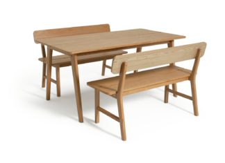An Image of Habitat Nel Wood Dining Table & 2 Oak Benches