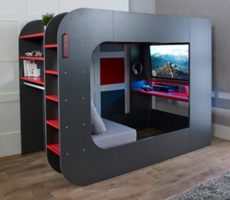 An Image of PodBed Grey and Red Gaming High Sleeper with Grey Sofa - EU Small Double