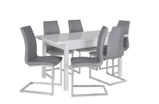 An Image of Argos Home Lyssa Extending Gloss Table & 6 Milo Chairs- Grey
