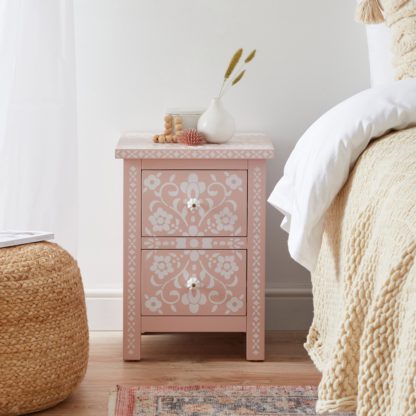 e0724dcc7abaf793b3070d5b5c003195bac3d969052c5b5fd0fd3ea5715fba77.jpg An Image of Mabel Blush Patterned 2 Drawer Bedside Blush