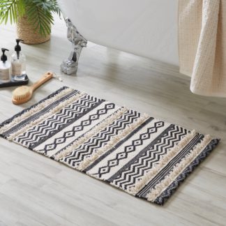 An Image of Woven Black and White Striped Rug Black