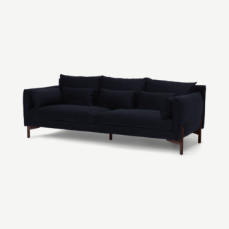 An Image of Amber 3 Seater Sofa, Twilight Blue Velvet with Walnut Legs
