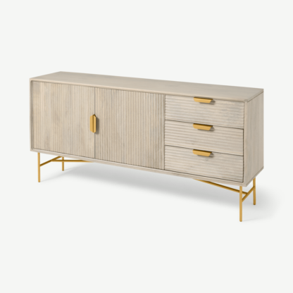 An Image of Haines Wide Sideboard, Grey Washed Mango Wood & Brass