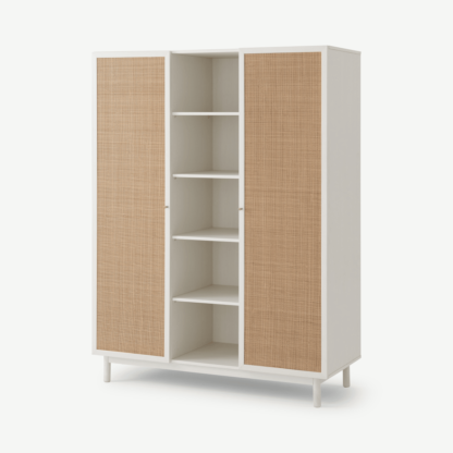 An Image of Pavia Triple Wardrobe, Natural Rattan & White Oak Effect