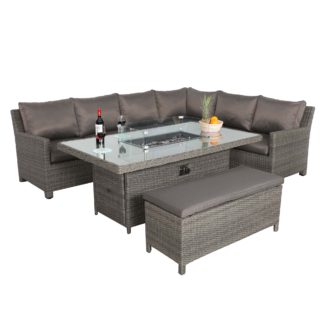 An Image of Paris 7 Piece Deluxe Modular Corner Dining Set with Rectangular Firepit Slate (Grey)