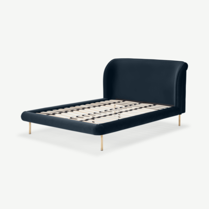 An Image of Otillia Double Bed, Dark Navy Velvet with Brass Legs