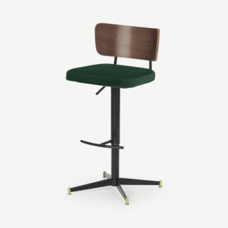 An Image of Amalyn Height Adjustable Bar Stool, Moss Green Velvet & Walnut