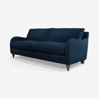 An Image of Sofia 3 Seater Sofa, Navy Blue Recycled Velvet with Light Wood Legs