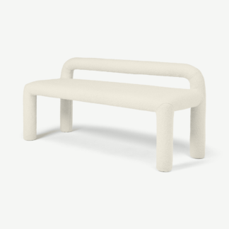 An Image of Cyla Low Back Dining Bench, Whitewash Boucle