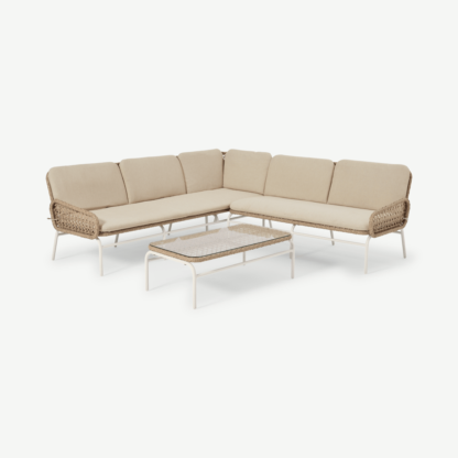 An Image of Rhonda Garden Corner Sofa Set, Natural Polyweave & White