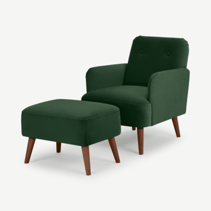 26e7e587c963eaba8a4c44d142ac6717e8bd52155a659b906874f9e0ab594203.png An Image of Elvi Accent Armchair & Footstool, Moss Green Recycled Velvet