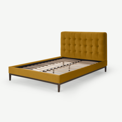 An Image of Lavelle Double Bed, Marigold Velvet & Walnut Stain Legs