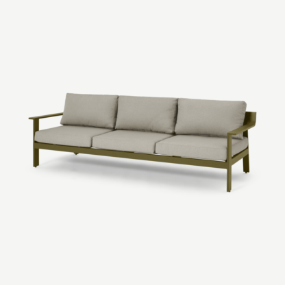 An Image of Kochi 3 Seater Garden Sofa, Olive Green Aluminium & Taupe