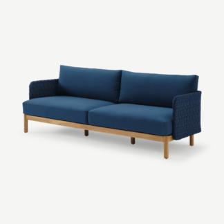 An Image of Kolbe 3 Seater Flatweave Garden Sofa, Navy & Acacia Wood