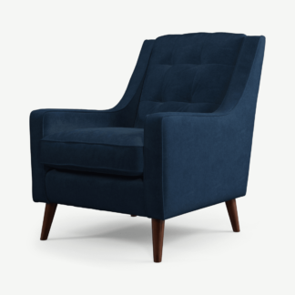 An Image of Content by Terence Conran Tobias Armchair, Navy Blue Recycled Velvet with Dark Wood Legs